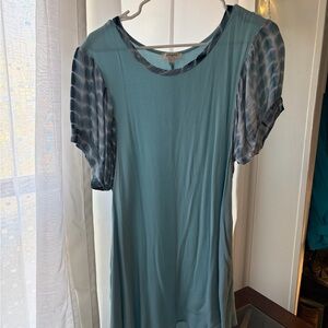 Umgee Teal Tunic with Slate Patterned Puff Sleeves